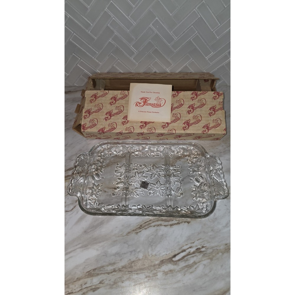 Princess House Fantasia Poinsettia Crystal Glass Divided Relish Dish  #534 12x7